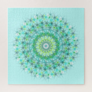 Teal, Green, And Blue Snowflake on a Jigsaw Puzzle