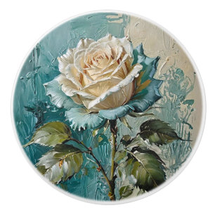 Teal Green and Cream Rose Floral Art Oil Design Ceramic Knob