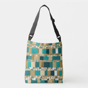Teal Green And Gold Geometric Pattern With Flowers Crossbody Bag