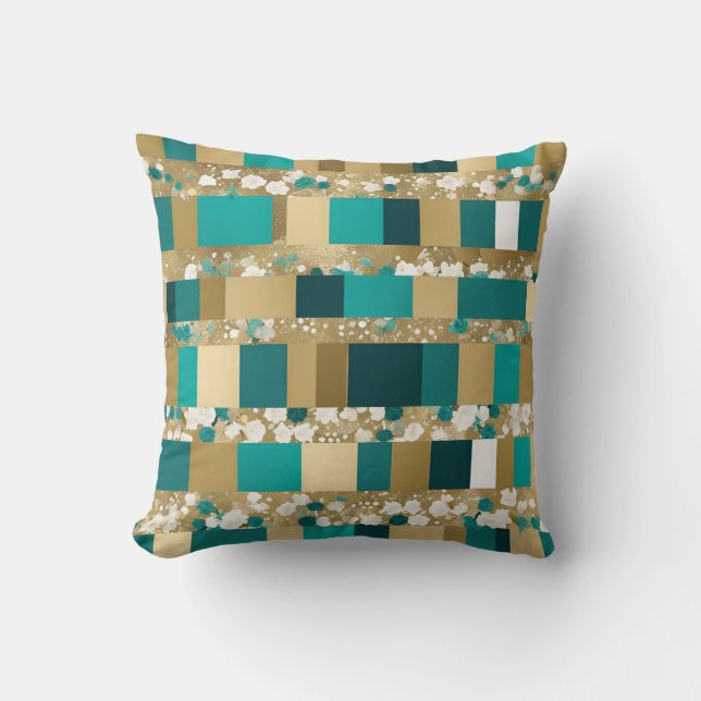 Teal Green And Gold Geometric Pattern With Flowers Cushion (Front)