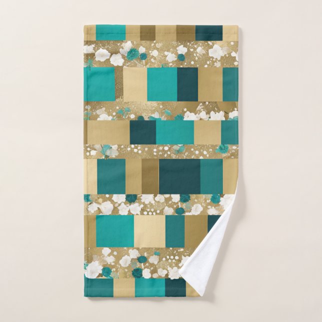 Teal Green And Gold Geometric Pattern With Flowers Hand Towel (Hand Towel)