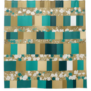 Teal Green And Gold Geometric Pattern With Flowers Shower Curtain