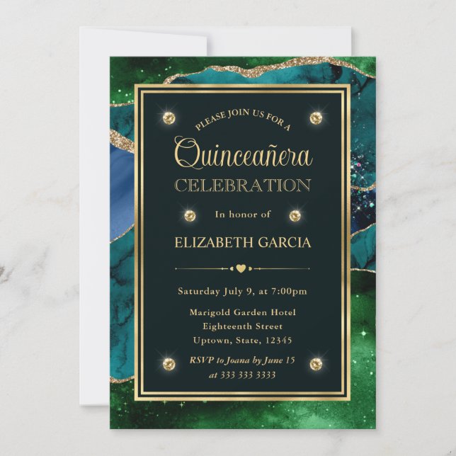Teal, Green and Gold Glitter Agate Quinceanera Invitation (Front)