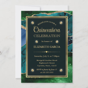 Teal, Green and Gold Glitter Agate Quinceanera Invitation