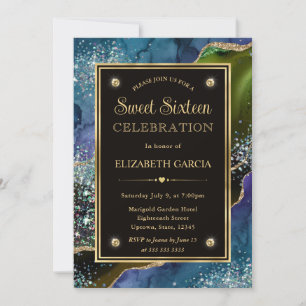 Teal, Green and Gold Glitter Agate Sweet Sixteen Invitation