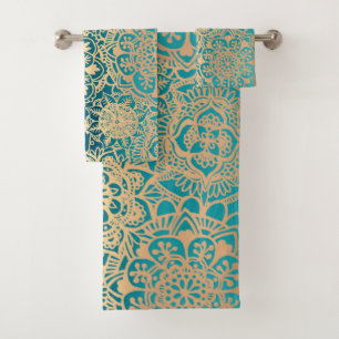 Teal Green and Gold Mandala Boho Chic Bath Towel Set