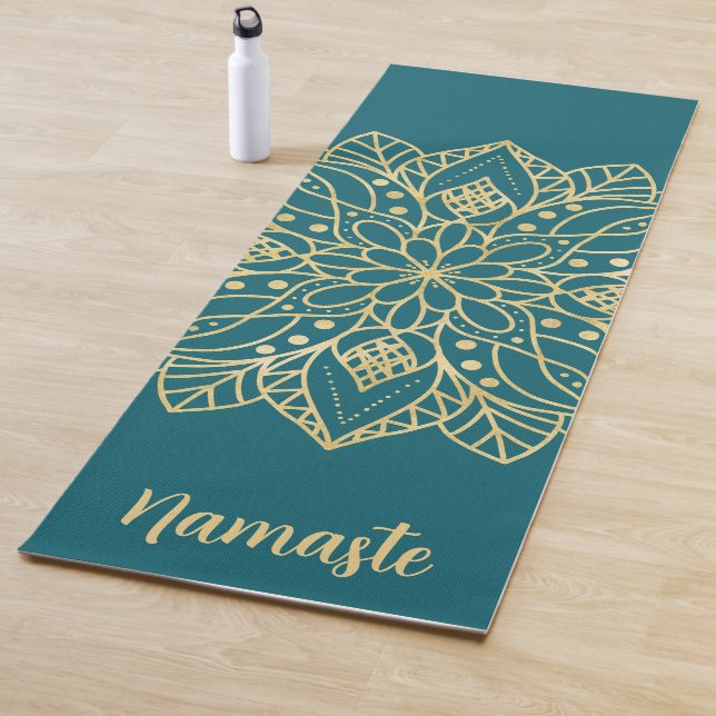 Teal Green and Gold Mandala Flower Custom Name Yoga Mat (In Situ)