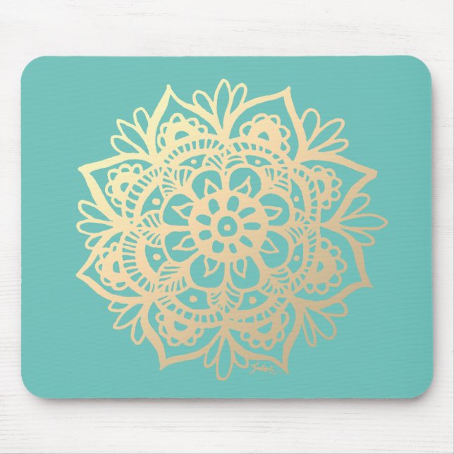 Teal Green and Gold Mandala Flower Mouse Pad (Front)