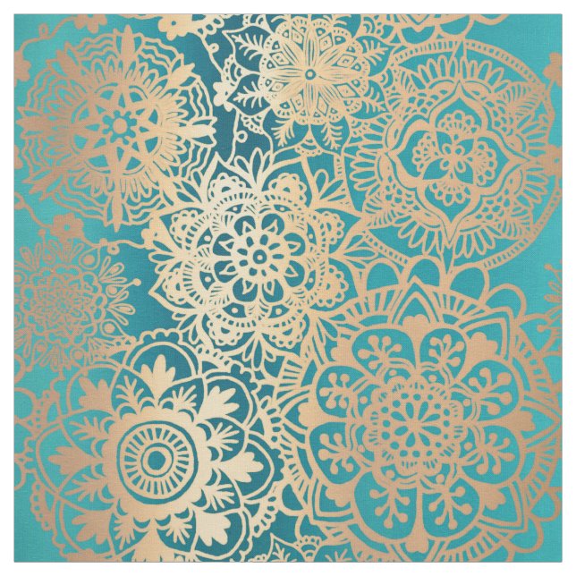 Teal Green and Gold Mandala Pattern Fabric (Swatch)