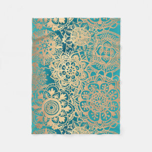 Teal Green and Gold Mandala Pattern Fleece Blanket