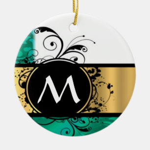 Teal green and gold monogram ceramic ornament