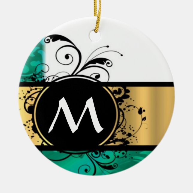Teal green and gold monogram ceramic ornament (Front)