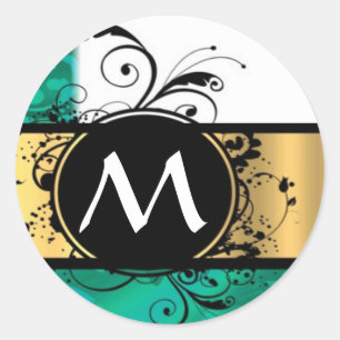 Teal green and gold monogram classic round sticker