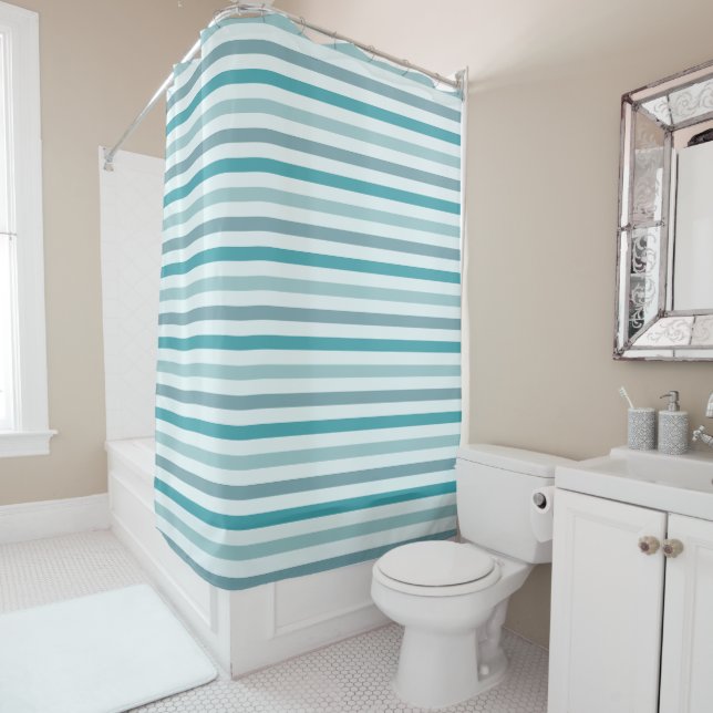 Teal Green and Mint Stripes Pattern Shower Curtain (In Situ)