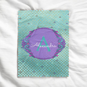 Teal Green and Purple Mermaid Scales Monogram Fleece Blanket