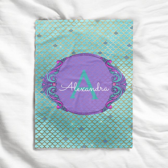 Teal Green and Purple Mermaid Scales Monogram Fleece Blanket (Creator Uploaded)