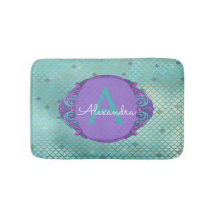 Teal Green and Purple Mermaid Scales Monogrammed Bath Mat
