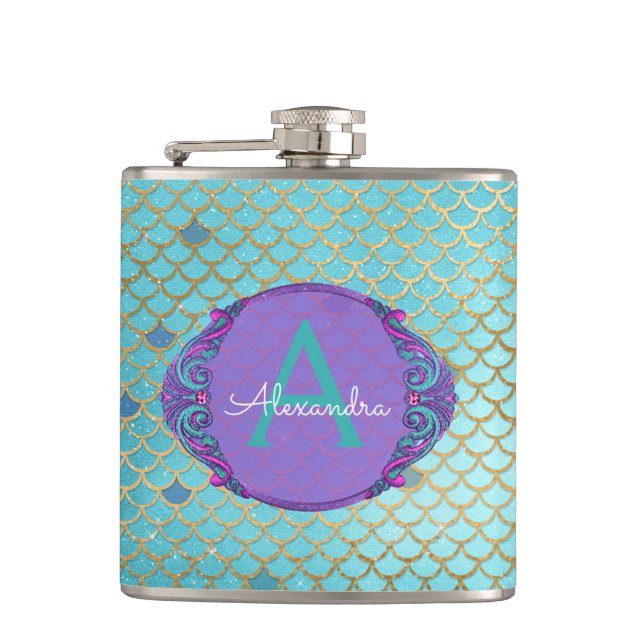 Teal Green and Purple Mermaid Scales Monogrammed Hip Flask (Front)