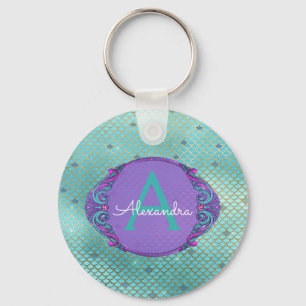 Teal Green and Purple Mermaid Scales Monogrammed Key Ring