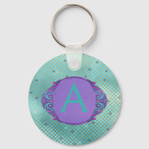 Teal Green and Purple Mermaid Scales Monogrammed Key Ring