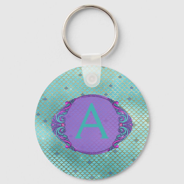 Teal Green and Purple Mermaid Scales Monogrammed Key Ring (Front)