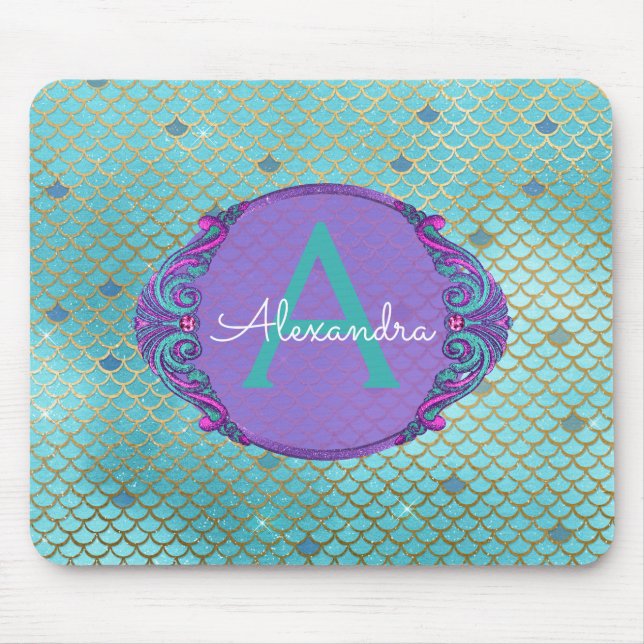 Teal Green and Purple Mermaid Scales Monogrammed Mouse Pad (Front)