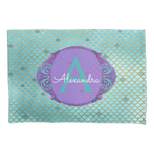 Teal Green and Purple Mermaid Scales Monogrammed Pillowcase
