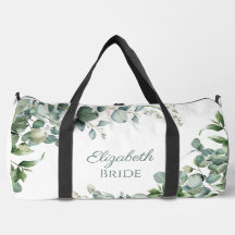 Teal green and white eucalyptus bride large duffle