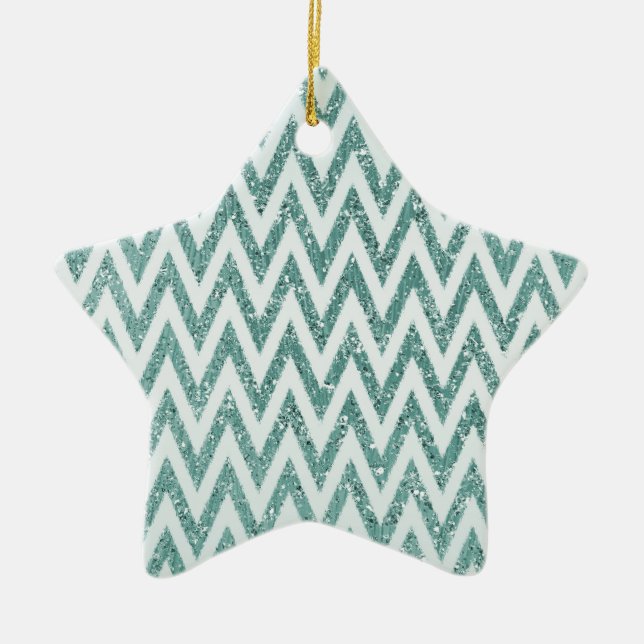Teal Green and White Faux Glitter Zigzag Ceramic Ornament (Front)