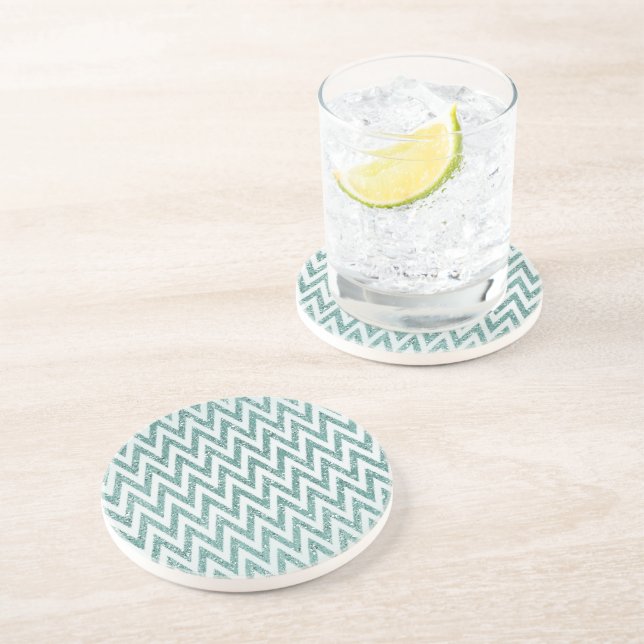 Teal Green and White Faux Glitter Zigzag Coaster (Side)