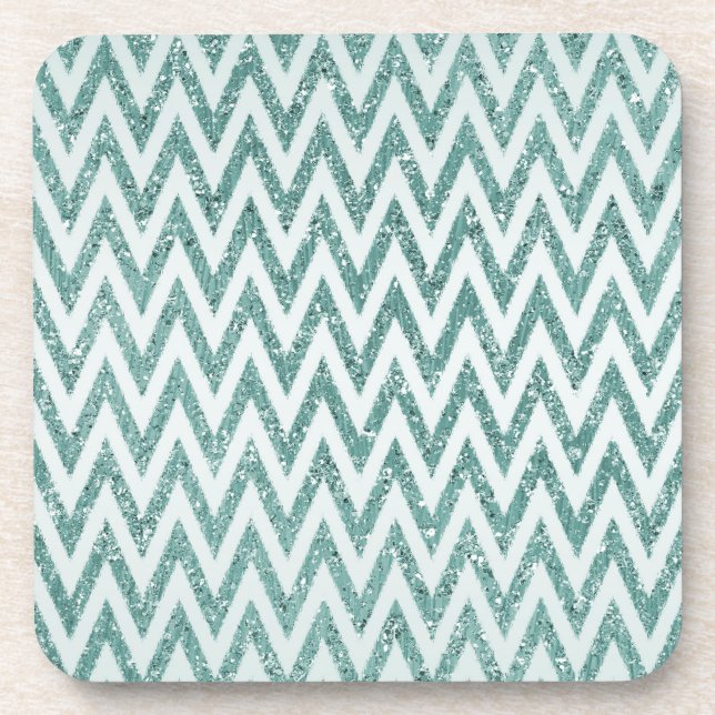Teal Green and White Faux Glitter Zigzag Coaster (Front)