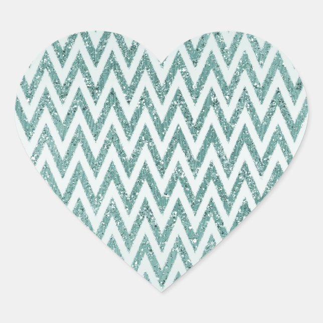 Teal Green and White Faux Glitter Zigzag Heart Sticker (Front)
