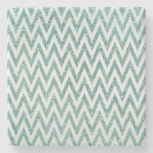 Teal Green and White Faux Glitter Zigzag Stone Coaster