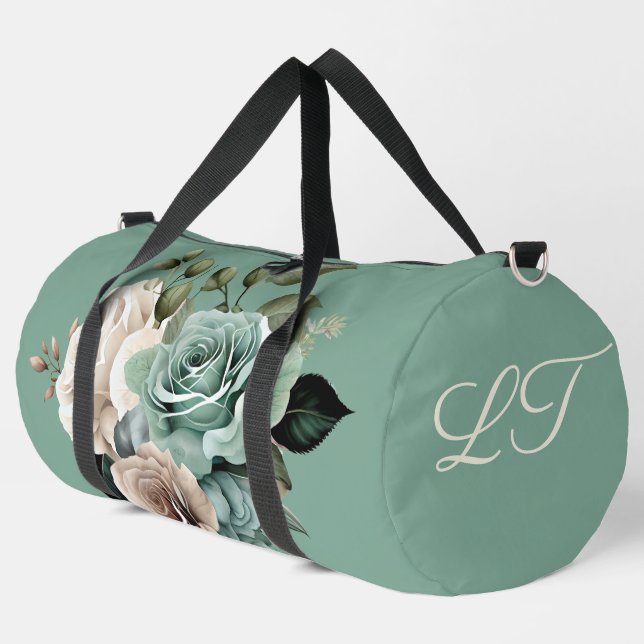 Teal green and white rose  duffle bag (Left Corner)