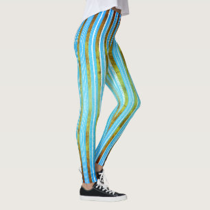 Teal, Green, and White Striped Pattern Leggings