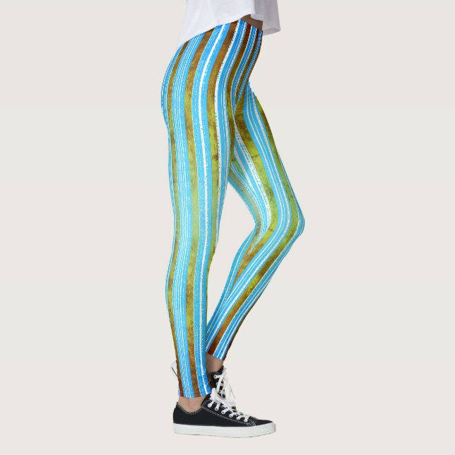 Teal, Green, and White Striped Pattern Leggings (Right)