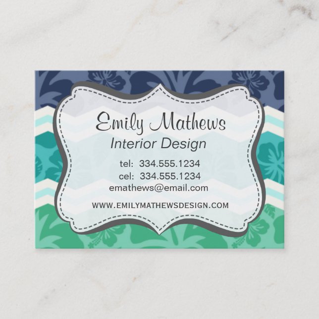 Teal Green, Aqua, and Blue Tropical Chevron Business Card (Front)