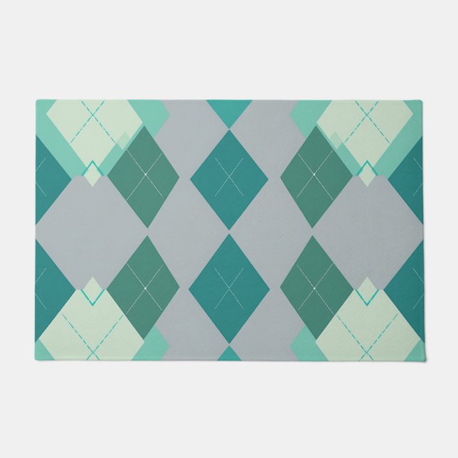 Teal Green Argyle Diamond Pattern Doormat (Front)