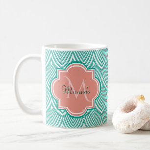 Teal Green Art Deco Fish Scales Pink Monogram Name Coffee Mug