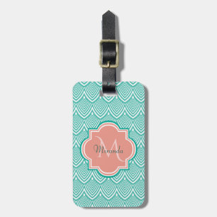 Teal Green Art Deco Fish Scales Pink Monogram Name Luggage Tag