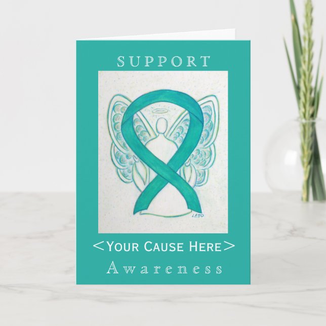 Teal Green Awareness Ribbon Angel Customised Card (Front)