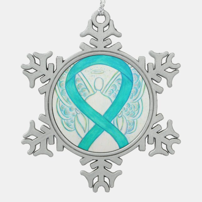Teal Green Awareness Ribbon Angel Ornament (Front)