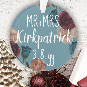 Teal Green Beige Burgundy Wedding Roses Christmas Ornament