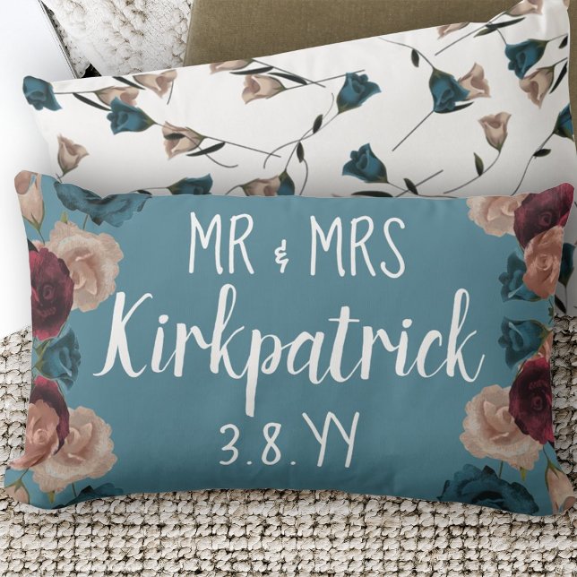 Teal Green, Beige, Burgundy Wedding Roses Newlywed Lumbar Cushion (Teal Flowers Burgundy Roses Beige Botanical Throw Pillow for Newlywed Couple Names Bride Groom)