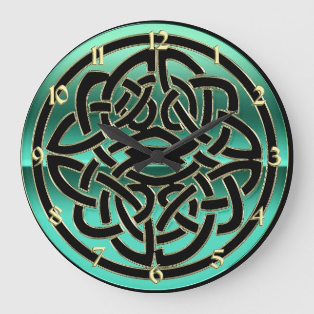 Teal Green Black and Gold Celtic Knot Wall Clock (Front)