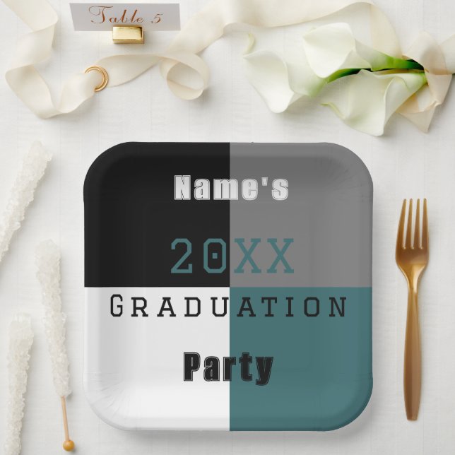 Teal green black and white custom graduation party paper plate (Wedding)