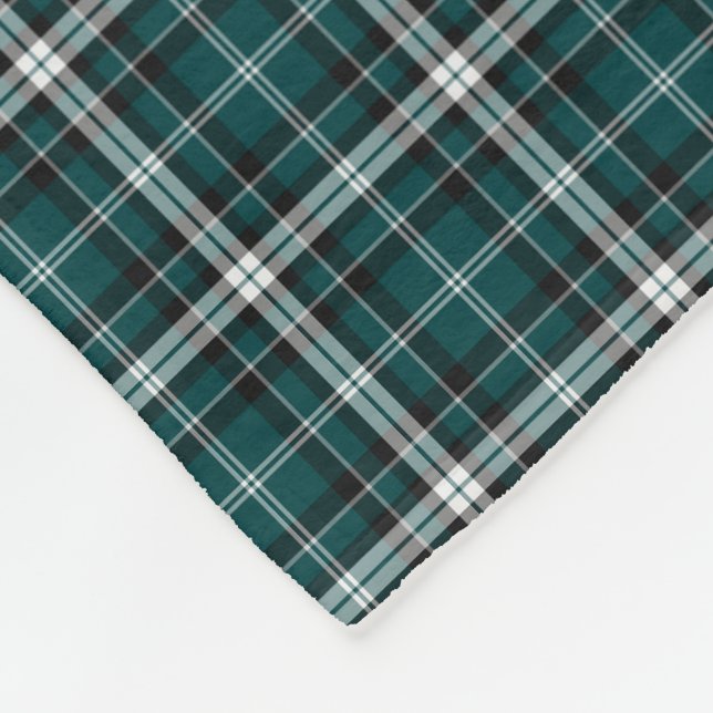 Teal Green, Black and White Sporty Plaid Pattern Fleece Blanket (Corner)