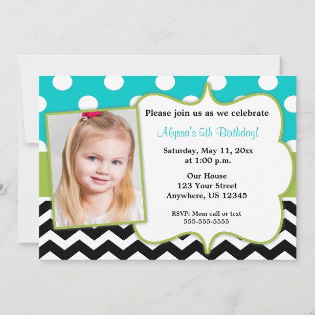 Teal Green Black Chevron Photo Invite (Front)