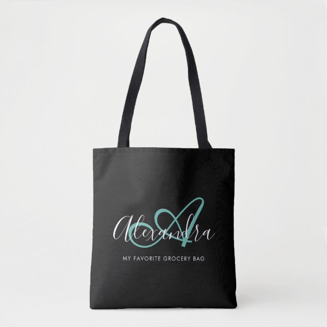 Teal Green Black Script Monogram Mum Tote Bag (Front)