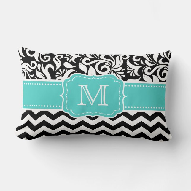 Teal Green Black White Chevron Damask Monogram Lumbar Cushion (Front)